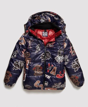 Superdry All Over Print Varsity Reversible Puffer Női Kabát Sötétkék | LHZGR8634